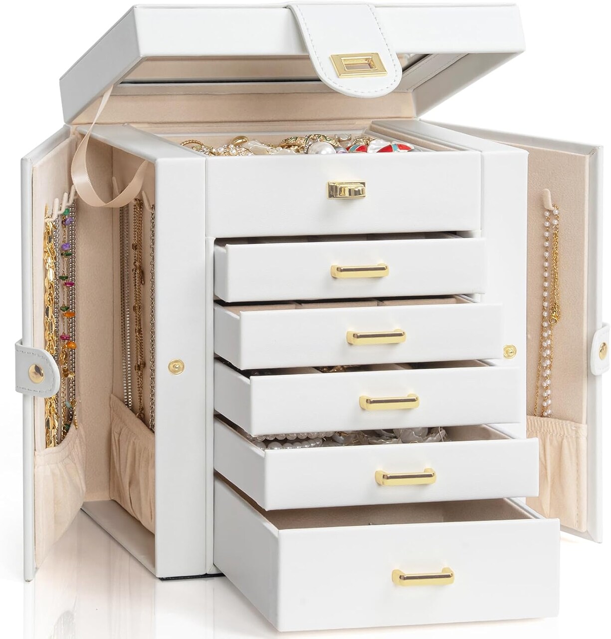 Functional 6-Tier Jewelry Box Organizer with 5 Drawers Leather Jewelry Storage Case for Women Girls Ring Necklace Earring Bracelet Holder Organizer with Mirror White